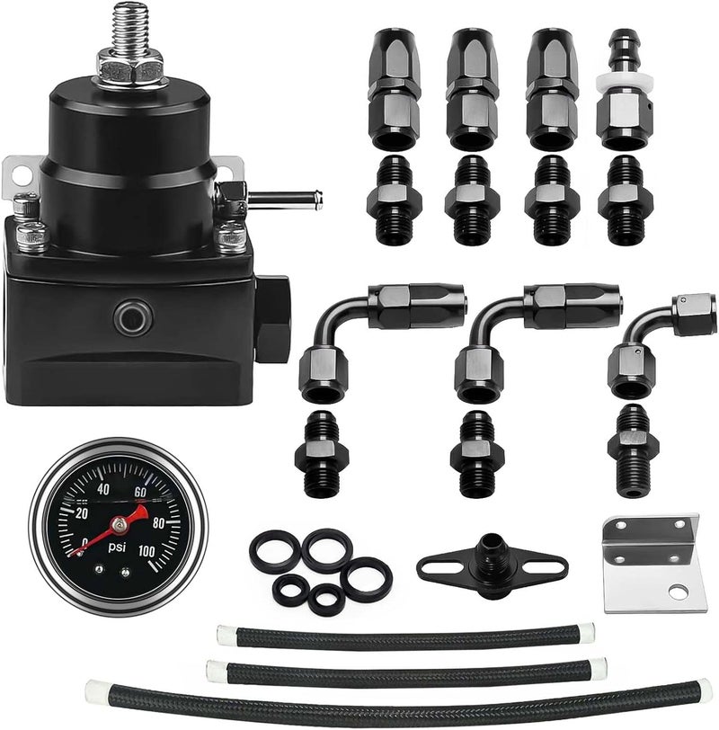 Plobeda EFI Fuel Pressure Regulator Kit with Bypass Return 0-100psi Pressure Gauge AN6-6AN Fuel Line Hose Fitting Connectors Kit Adjustable Universal Aluminum (black) - Image 2